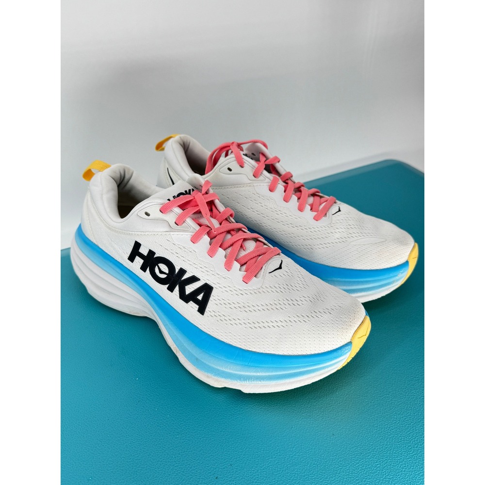 HOKA Bondi 8 Running Shoes Women 10 White Blue Pink Cushioned Sneakers